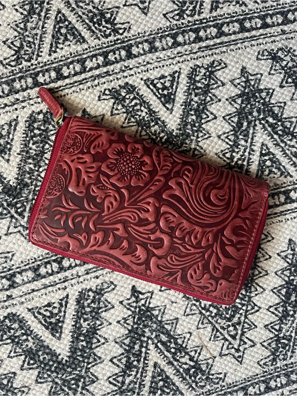 Embossed Floral Zip-Around Wallet in Deep Red